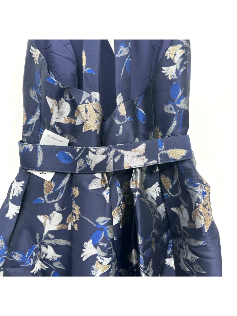 1901 Nordstrom Navy Floral Metallic Jacquard Belted Midi Dress Womens 16 NEW - Picture 8 of 16
